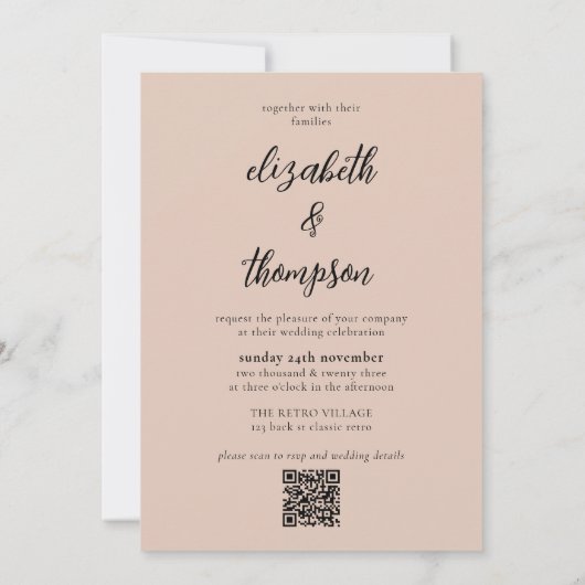 Einfache Boho Beige Script Foto QR Code Hochzeit Einladung (Rückseite)