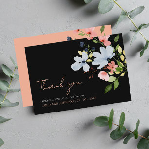 Einfache Boho Black and Pink Floral Wedding Dankeskarte