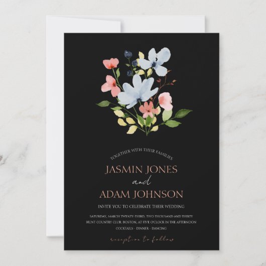 Einfache Boho Black and Pink Floral Wedding Einladung (Vorderseite)
