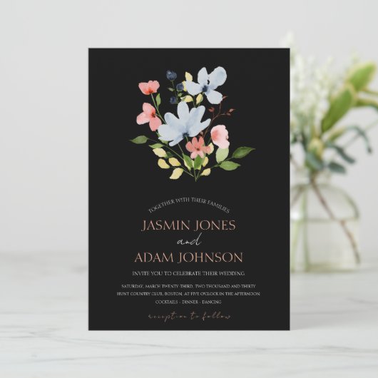 Einfache Boho Black and Pink Floral Wedding Einladung (Stehend Vorderseite)