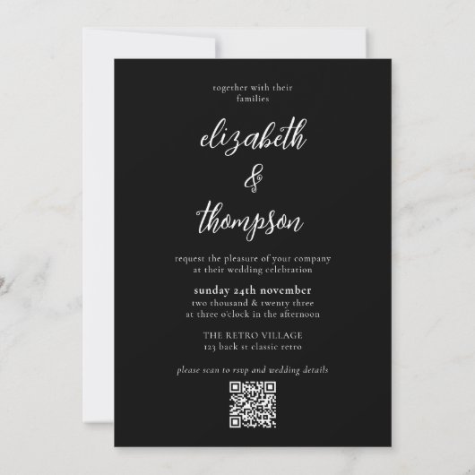 Einfache Boho Black Script Foto QR Code Hochzeit Einladung (Rückseite)