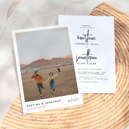 Einfache Boho Black & White Elegantes Foto Hochzei Einladung