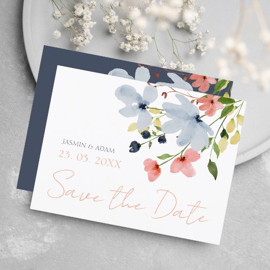 Einfache Boho Blue Pink Blütenhochzeit Sichern Sie Postkarte