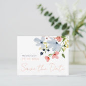 Einfache Boho Blue Pink Blütenhochzeit Sichern Sie Postkarte (Stehend Vorderseite)
