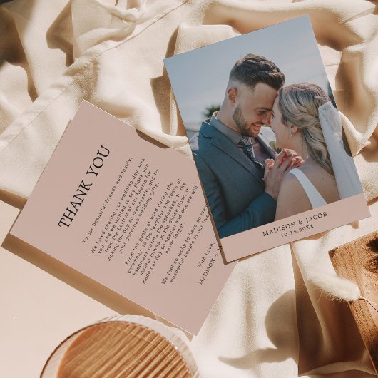 Einfache Boho Creme Beige mit Foto Hochzeit Dankeskarte