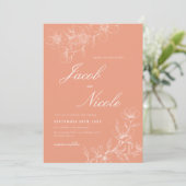Einfache Boho Floral Script Coral Hochzeit Einladung (Stehend Vorderseite)