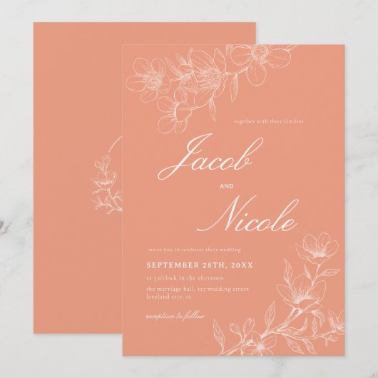 Einfache Boho Floral Script Coral Hochzeit Einladung (Vorne/Hinten)