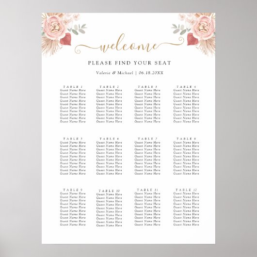 Einfache Boho-Florals Hochzeit Sitzordnung Poster (Vorne)