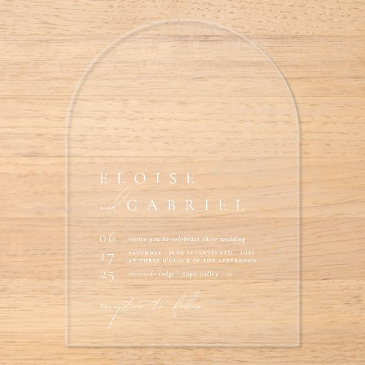 Einfache Boho Moderne Minimalistische Arch Wedding Acryleinladungen (Vorderseite)