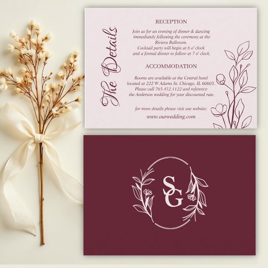 Einfache Boho Ruby Wine Wedding Details Begleitkarte