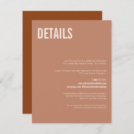 Einfache Boho Terracotta Typografie Hochzeitsdetai Begleitkarte (Vorne/Hinten)