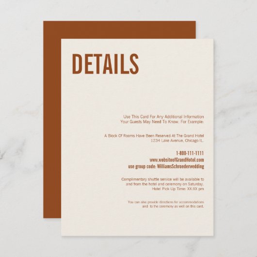 Einfache Boho Terracotta Typografie Hochzeitsdetai Begleitkarte (Vorne/Hinten)