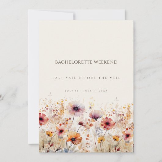Einfache Boho Wildblume Bachelorette Wochenendkart Einladung (Vorderseite)