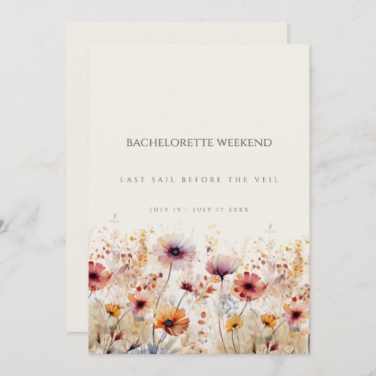 Einfache Boho Wildblume Bachelorette Wochenendkart Einladung (Vorne/Hinten)
