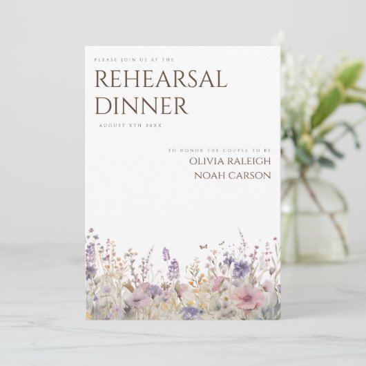 Einfache Boho Wildblume Probe Abendessen Einladung (Stehend Vorderseite)