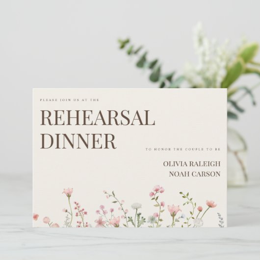 Einfache Boho Wildblume Probe Abendessen Einladung (Stehend Vorderseite)