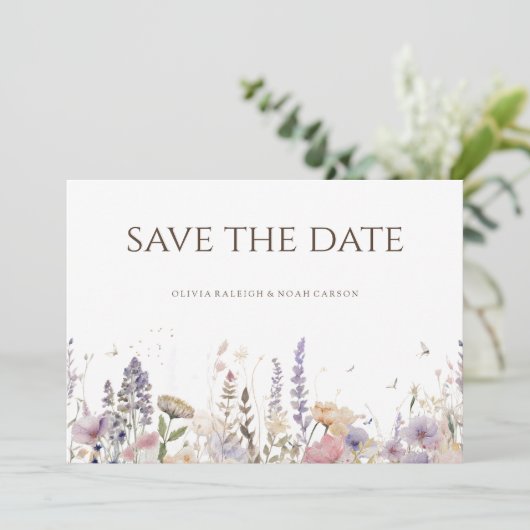 Einfache Boho-Wildblume Save the Date Hochzeitskar (Stehend Vorderseite)