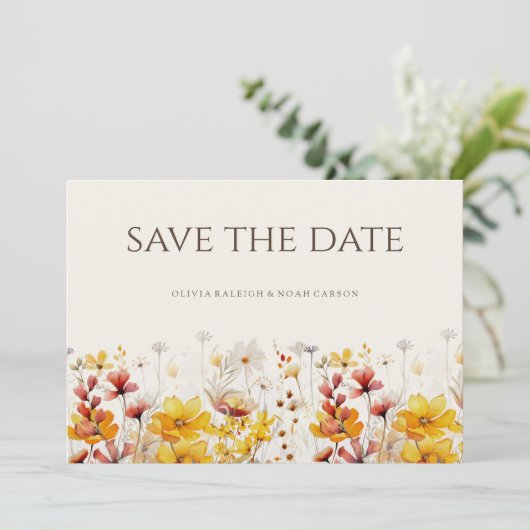 Einfache Boho-Wildblume Save the Date Hochzeitskar (Stehend Vorderseite)