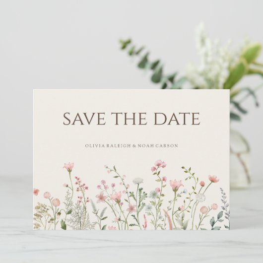 Einfache Boho-Wildblume Save the Date Hochzeitskar (Stehend Vorderseite)