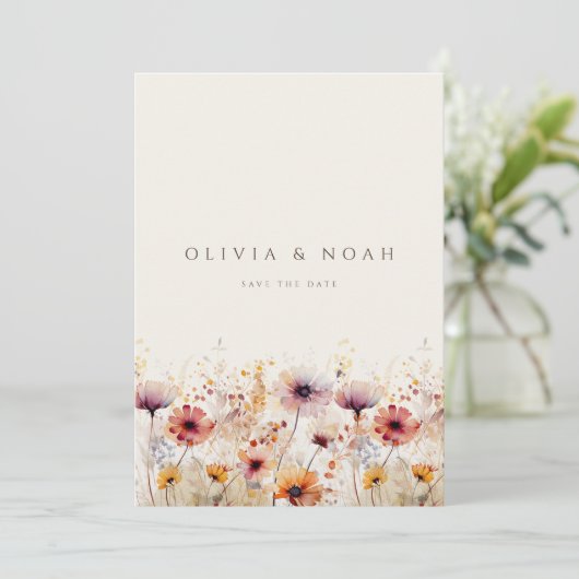 Einfache Boho-Wildblume Save the Date Hochzeitskar Ankündigung (Stehend Vorderseite)