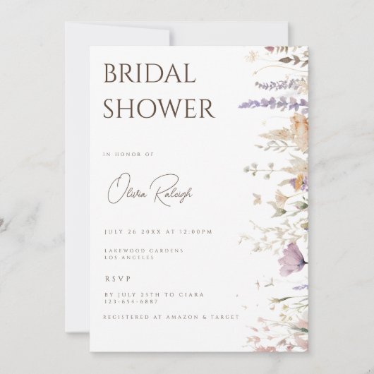 Einfache Boho Wildblume Weiße Brautparty-Karte Einladung (Vorderseite)