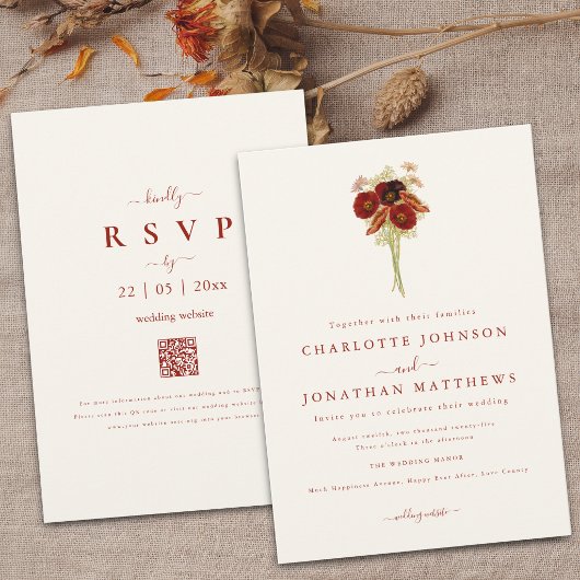 Einfache Boho-Wildblumen-Braun-Orange-Hochzeit Einladung
