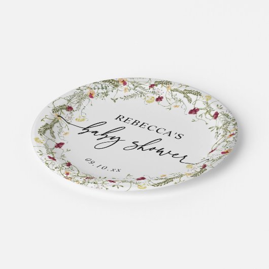 Einfache Boho Wildblumen Kinderdusche Pappteller (Schrägansicht)