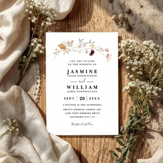 Einfache Boho-Wildblumen Rustikale QR-Code-Hochzei Einladung