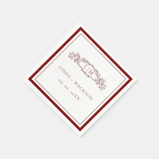 Einfache Bordeaux-Hochzeit mit botanischem Wappen Serviette (Ecke)