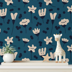 Einfache botanische Abstrakte Blume Blaues Muster Tapete