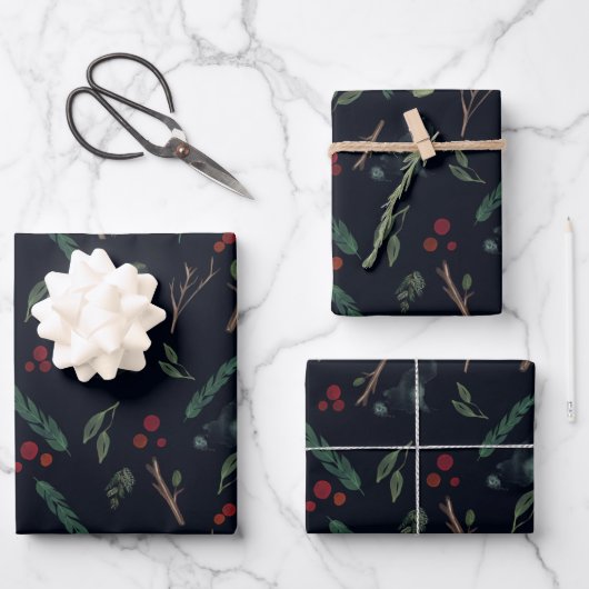 Einfache botanische Berries Weihnachtsmuster Geschenkpapier Set (Vorderseite)