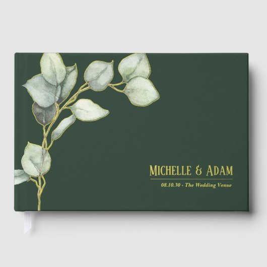 Einfache botanische Eukalyptus Wedding Gold Gästebuch (Vorderseite)