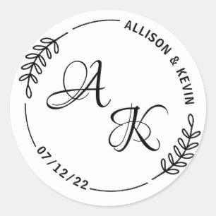 Einfache Botanische Monogramm-Hochzeitumgebung Runder Aufkleber