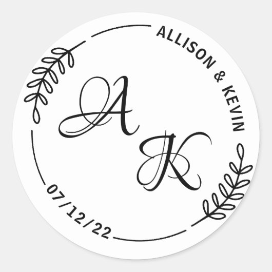 Einfache Botanische Monogramm-Hochzeitumgebung Runder Aufkleber (Vorderseite)