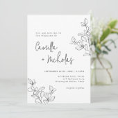 Einfache botanische Monogramm Schwarz-Weiß-Hochzei Einladung (Stehend Vorderseite)