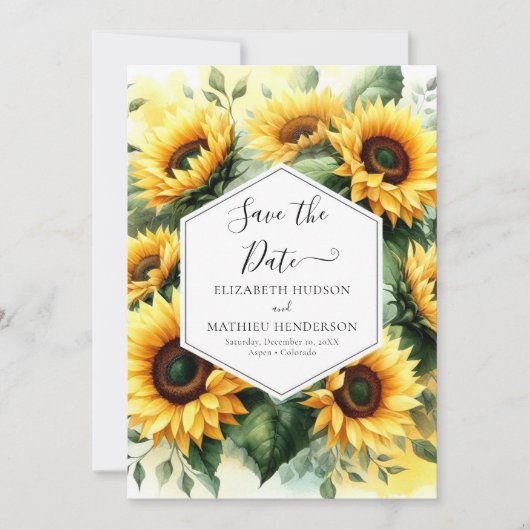 Einfache Botanische Sonnenblumenhochzeit Save The Date (Vorderseite)