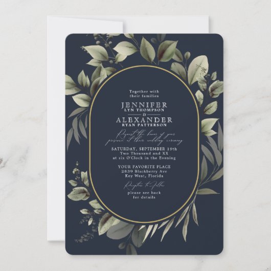 Einfache botanische UAWG QR Code Dunkle Navy Hochz Einladung (Vorderseite)