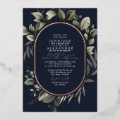 Einfache Botanische und UAWG QR Code Navy Hochzeit Folieneinladung (Vorderseite)