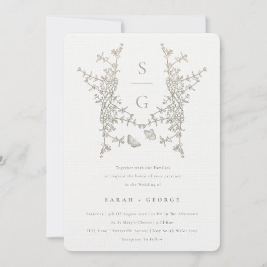 Einfache Botanische Wappen-Monogramm-Hochzeit Einladung (Vorderseite)