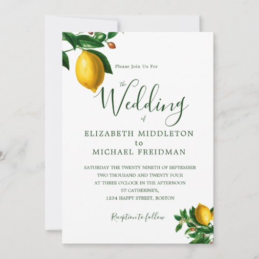 Einfache Botanische Zitronen Grüne Monogramm Elega Einladung (Vorderseite)
