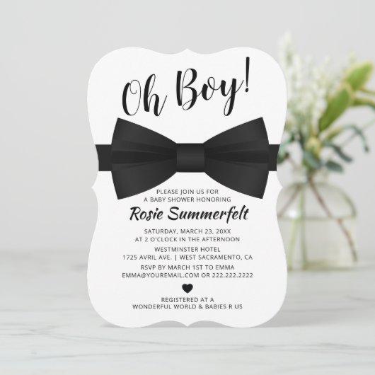 Einfache Bow-Krawatte Schwarzweiß | Babydusche Einladung (Stehend Vorderseite)