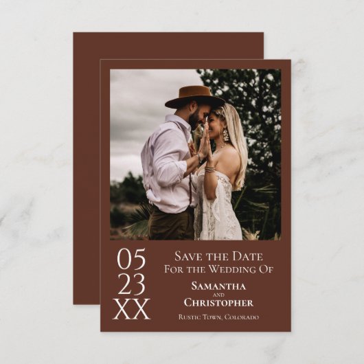 Einfache Braun Moderne Minimale Foto Hochzeit Save The Date (Vorne/Hinten)