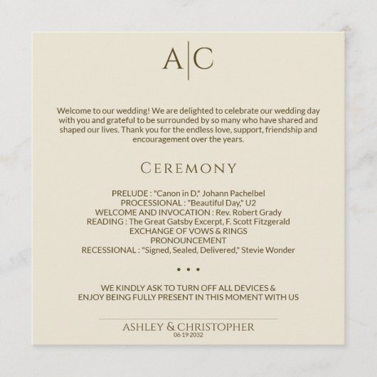 Einfache Bronze- und Gold-Monogramm-Hochzeitsfeier Programm (Vorderseite)