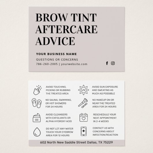 Einfache Brow Tint Aftercare Instructions Card (Vorne & Hinten)