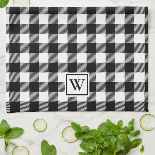 Einfache Buffalo Kariert Monogram Schwarz-weiß Geschirrtuch (Gefaltet)