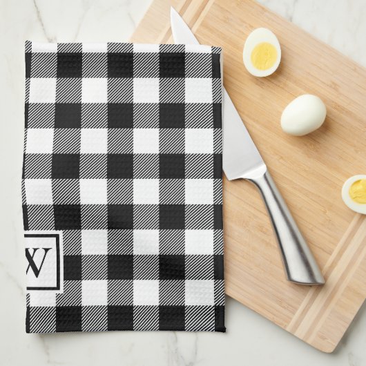Einfache Buffalo Kariert Monogram Schwarz-weiß Geschirrtuch (Viertel Falte)