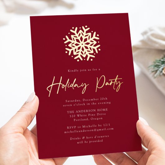 Einfache Burgund und Gold Snowflake Holiday Party Folieneinladung