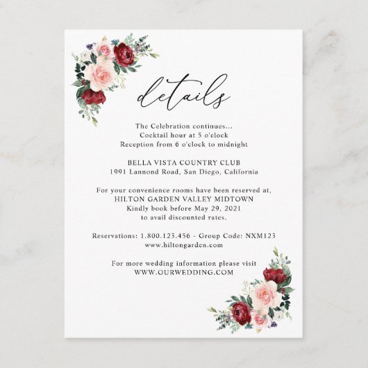 Einfache Burgunder Blush Blumenzwiebeldetails Begleitkarte (Vorderseite)