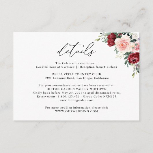 Einfache Burgunder Blush Blumenzwiebeldetails Encl Begleitkarte (Vorderseite)