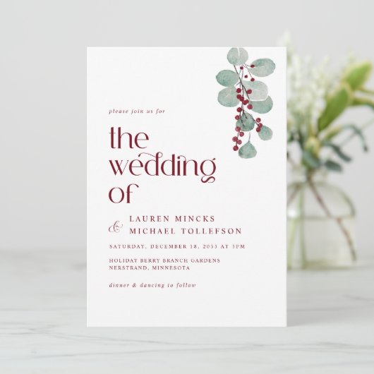 Einfache Burgunder Weinkeller Winterhochzeit Moder Einladung (Stehend Vorderseite)